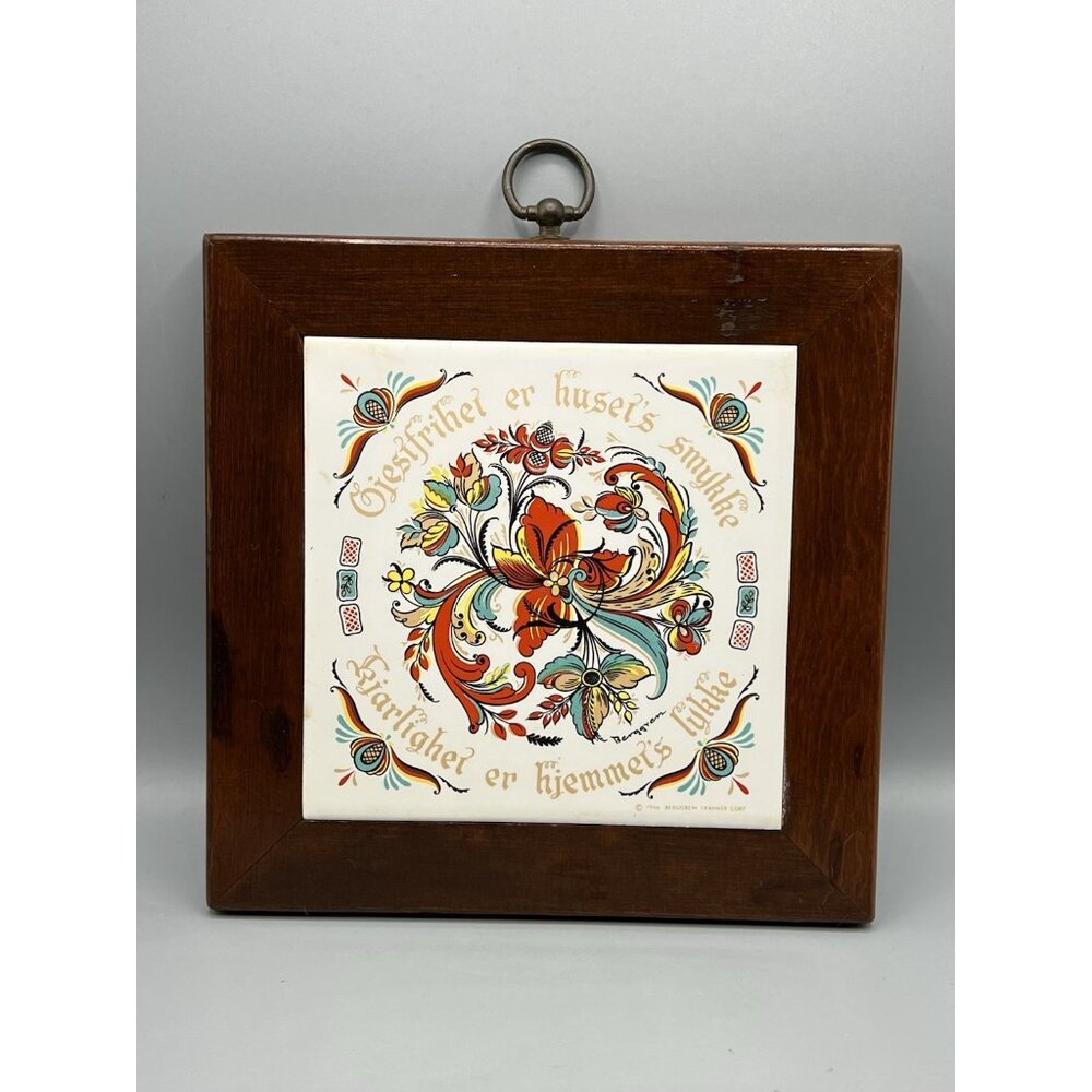 VTG Berggren Trayner Norwegian Wood-Framed Trivet Tile Plaque Rosemaling 1960s - Picture 12 of 12